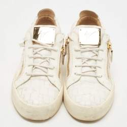 Giuseppe Zanotti White/Gold Python Embossed Leather Dona Low Top Sneakers Size 40.5