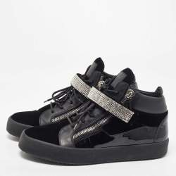 Pre Owned Giuseppe Zanotti Black Leather and Patent Crystal Embellished High Top Sneakers Size 44