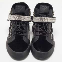 Pre Owned Giuseppe Zanotti Black Leather and Patent Crystal Embellished High Top Sneakers Size 44