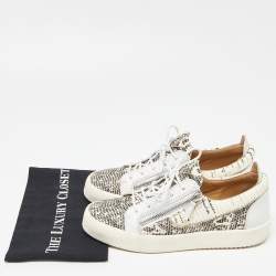 Pre Owned Giuseppe Zanotti White/Beige Lizard Embossed and Leather Frankie Sneakers Size 43