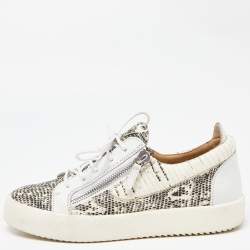 Pre Owned Giuseppe Zanotti White/Beige Lizard Embossed and Leather Frankie Sneakers Size 43