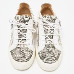 Pre Owned Giuseppe Zanotti White/Beige Lizard Embossed and Leather Frankie Sneakers Size 43
