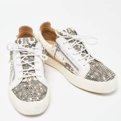 Pre Owned Giuseppe Zanotti White/Beige Lizard Embossed and Leather Frankie Sneakers Size 43