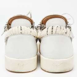 Pre Owned Giuseppe Zanotti White/Beige Lizard Embossed and Leather Frankie Sneakers Size 43