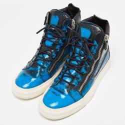 Pre Owned Giuseppe Zanotti Blue/Black Patent Leather Coby High Top Sneakers Size 44
