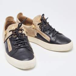 Pre Owned Giuseppe Zanotti Black/Beige Suede And Leather Double Zip Low Top Sneakers Size 43