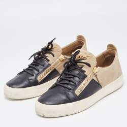 Pre Owned Giuseppe Zanotti Black/Beige Suede And Leather Double Zip Low Top Sneakers Size 43