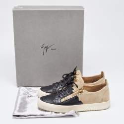 Pre Owned Giuseppe Zanotti Black/Beige Suede And Leather Double Zip Low Top Sneakers Size 43