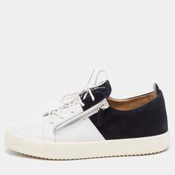 Giuseppe Zanotti White/Black Nubuck and Leather Double Zip Low Top Sneakers Size 45