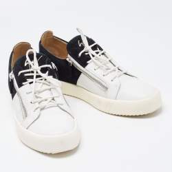 Giuseppe Zanotti White/Black Nubuck and Leather Double Zip Low Top Sneakers Size 45