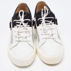 Giuseppe Zanotti White/Black Nubuck and Leather Double Zip Low Top Sneakers Size 45