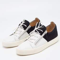 Giuseppe Zanotti White/Black Nubuck and Leather Double Zip Low Top Sneakers Size 45