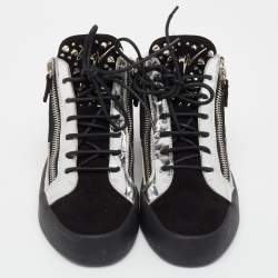 مملوكة مسبقًا Giuseppe Zanotti Black/Silver Suede and Patent Leather Studded Jimbo Mid Top Sneakers Size 40