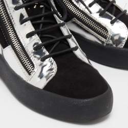 مملوكة مسبقًا Giuseppe Zanotti Black/Silver Suede and Patent Leather Studded Jimbo Mid Top Sneakers Size 40