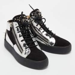 مملوكة مسبقًا Giuseppe Zanotti Black/Silver Suede and Patent Leather Studded Jimbo Mid Top Sneakers Size 40