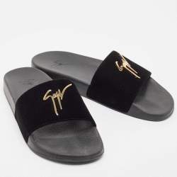 Giuseppe Zanotti Black Velvet Pool Flat Slides Size 43