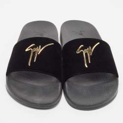 Giuseppe Zanotti Black Velvet Pool Flat Slides Size 43