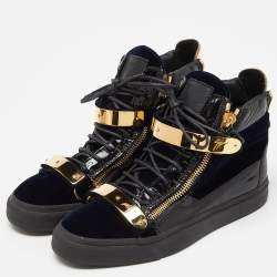 مملوكة مسبقًا Giuseppe Zanotti Navy Blue/Black Velvet and Leather Coby High Top Sneakers Size 39.5