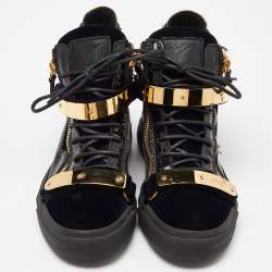 مملوكة مسبقًا Giuseppe Zanotti Navy Blue/Black Velvet and Leather Coby High Top Sneakers Size 39.5