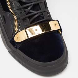 مملوكة مسبقًا Giuseppe Zanotti Navy Blue/Black Velvet and Leather Coby High Top Sneakers Size 39.5