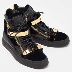 مملوكة مسبقًا Giuseppe Zanotti Navy Blue/Black Velvet and Leather Coby High Top Sneakers Size 39.5