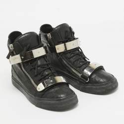 Pre Owned Giuseppe Zanotti Black Croc Embossed Leather Double Zip Sneakers Size 42