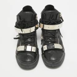 Pre Owned Giuseppe Zanotti Black Croc Embossed Leather Double Zip Sneakers Size 42