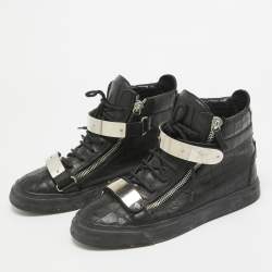 Pre Owned Giuseppe Zanotti Black Croc Embossed Leather Double Zip Sneakers Size 42