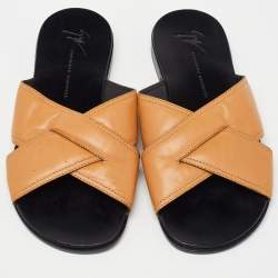 Guiseppe Zanotti Beige Leather Criss Cross Flat Slides Size 39