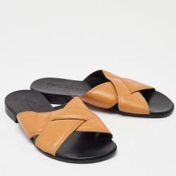 Guiseppe Zanotti Beige Leather Criss Cross Flat Slides Size 39