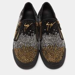 Pre Owned Giuseppe Zanotti Black Suede and Leather Crystal Embellished Eve Slip On Sneakers Size 43