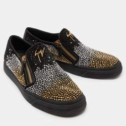 Pre Owned Giuseppe Zanotti Black Suede and Leather Crystal Embellished Eve Slip On Sneakers Size 43