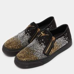 Pre Owned Giuseppe Zanotti Black Suede and Leather Crystal Embellished Eve Slip On Sneakers Size 43