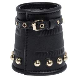Pre Owned Givenchy Black Embossed Leather Studs Wide Buckle Cuff Bracelet