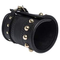 Pre Owned Givenchy Black Embossed Leather Studs Wide Buckle Cuff Bracelet