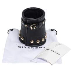 Pre Owned Givenchy Black Embossed Leather Studs Wide Buckle Cuff Bracelet