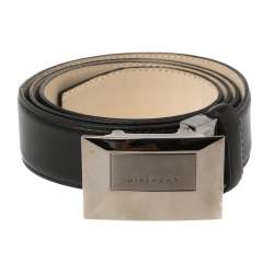 Pre Owned Givenchy Black Leather Plaque Logo Belt 85CM