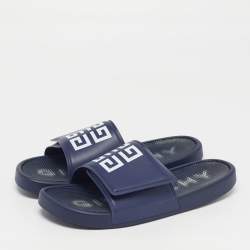 Pre Owned Givenchy Logo Print Debossed Size 43 Navy Blue Leather Flat Slide