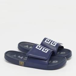 Pre Owned Givenchy Logo Print Debossed Size 43 Navy Blue Leather Flat Slide