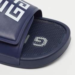 Pre Owned Givenchy Logo Print Debossed Size 43 Navy Blue Leather Flat Slide