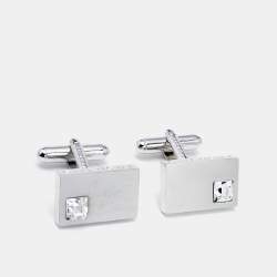 Givenchy Silver Tone Crystal Embedded Rectangle Cufflinks