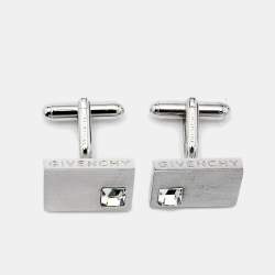 Givenchy Silver Tone Crystal Embedded Rectangle Cufflinks