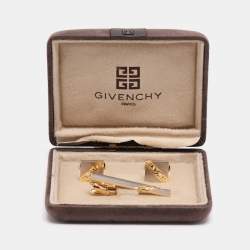 Pre Owned Givenchy  Two Tone Hardware Chain Detail Tie Clip Bar and Cufflinks