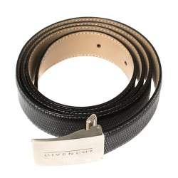 Pre Owned Givenchy Black Lizard Embossed Leather Plaque Logo Belt 100CM