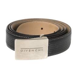Pre Owned Givenchy Black Lizard Embossed Leather Plaque Logo Belt 100CM