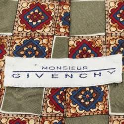 Givenchy Vintage Olive Green Check Motif Silk Tie