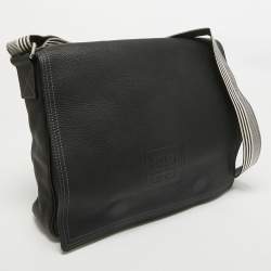 Givenchy Black Leather Logo Embossed Flap Messenger Bag