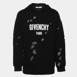 Givenchy Black Distressed Cotton & Mesh Inset Logo Printed Hooded Sweatshirt S