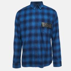 Pre Owned Givenchy Navy Blue Plaid Flannel Cotton Stars Patch Shirt XXL