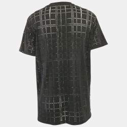 مملوكة مسبقًا Givenchy Black Logo Embroidery Perforated Cotton Crew Neck T-Shirt L